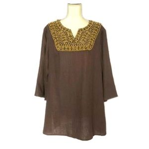 Victor Costa Linen Beaded Tunic Top Boho Brown Sz 1X